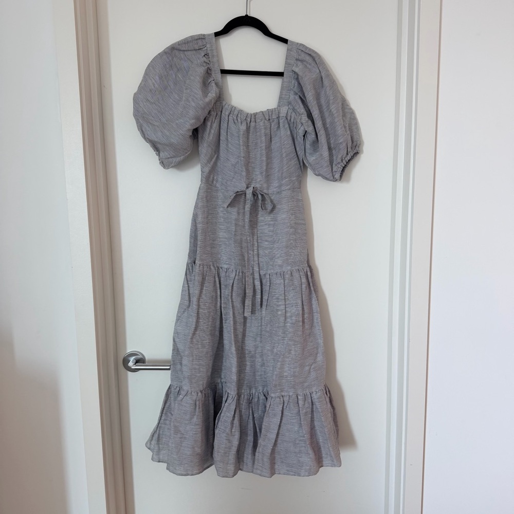CO Puff Sleeve Tiered Midi Dress Blue & White Stripe